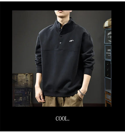 Otoño de los hombres de la letra impresa botón sudadera Stand Collar Patchwork pulóver sudaderas con capucha 2025 nuevo Casual Y2K manga larga Sudaderas