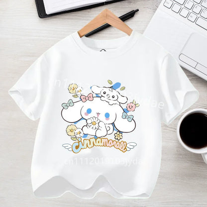 Camiseta de Manga Corta para Niños, Estilo Urbano, Verano 2026, Ropa Casual, Regalo Kawaii, Linda Camiseta de Cinnamoroll para Niña, Camiseta de Algodón con Estampado de Anime