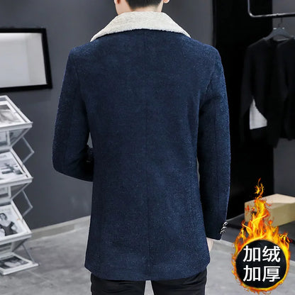 Chaquetas de lana de invierno coreanas para hombres, chaqueta de mezcla de lana gruesa de felpa con solapa, gabardina larga informal de negocios, abrigo de calle