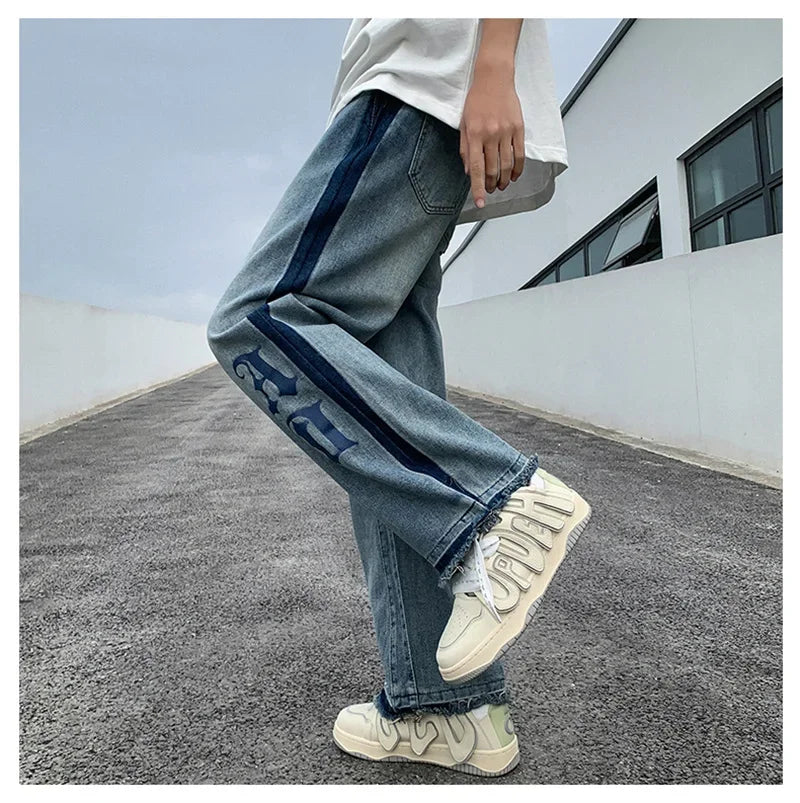 Nuevos pantalones vaqueros holgados azules con estampado de letras góticas Y2K para hombre, ropa de calle Vintage, pantalones vaqueros de pierna recta, pantalones vaqueros holgados de moda Hip Hop