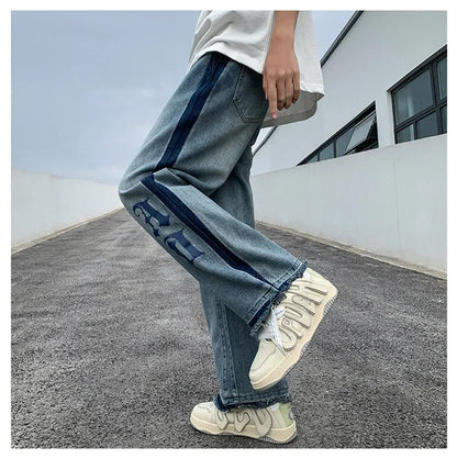 Nuevos pantalones vaqueros holgados azules con estampado de letras góticas Y2K para hombre, ropa de calle Vintage, pantalones vaqueros de pierna recta, pantalones vaqueros holgados de moda Hip Hop