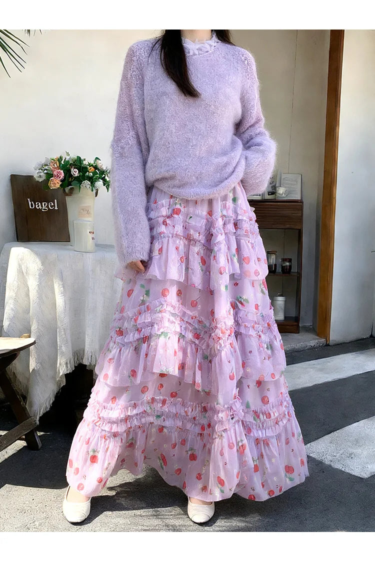 Primavera Verano 2026 Falda Larga de Tul Estampada de Cintura Alta con Empalmes Asimétricos, Falda de Pastel Colorida, Estilo...
