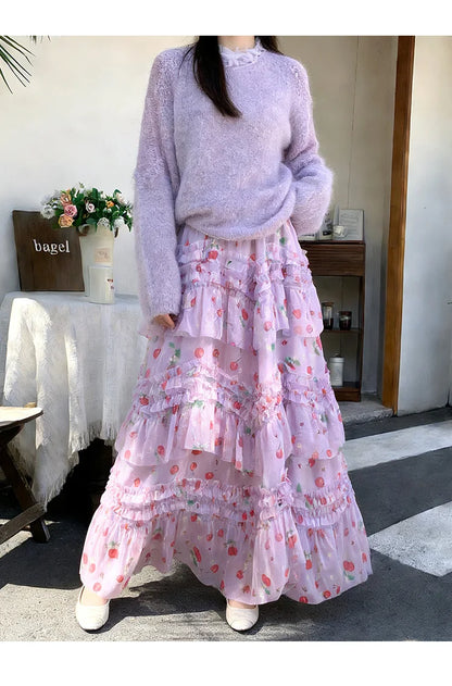 Primavera Verano 2026 Falda Larga de Tul Estampada de Cintura Alta con Empalmes Asimétricos, Falda de Pastel Colorida, Estilo...