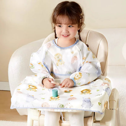 AIBEDILA Baberos impermeables para bebés, babero de manga larga para destete, se sujeta a la mesa de la trona, dobladillo desmontable, 6M-6T