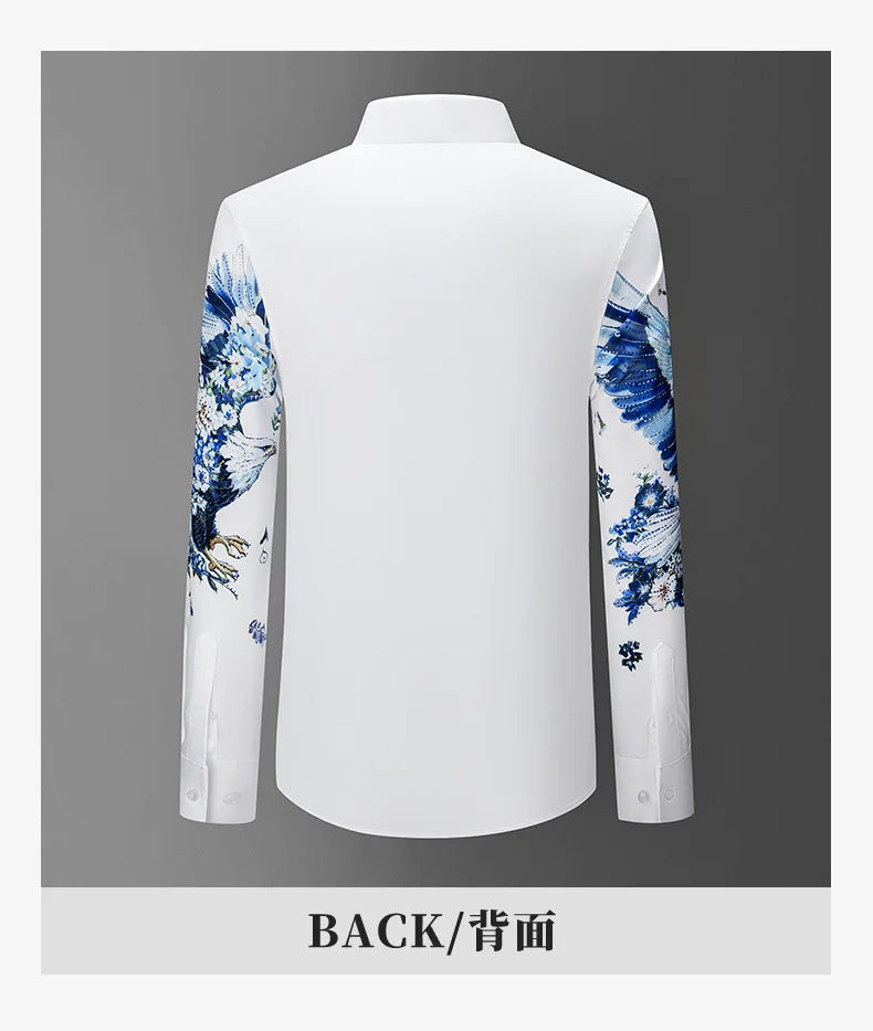 Camisa de lujo con estampado 3D de diamantes de imitación para hombre, camisas informales de manga larga para otoño e invierno, trajes de espectáculo escénico para fiesta de banquete Social