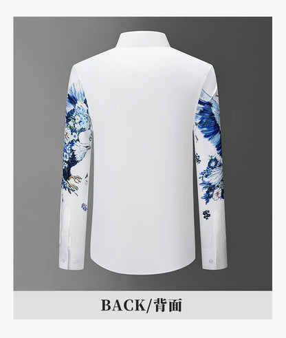 Camisa de lujo con estampado 3D de diamantes de imitación para hombre, camisas informales de manga larga para otoño e invierno, trajes de espectáculo escénico para fiesta de banquete Social