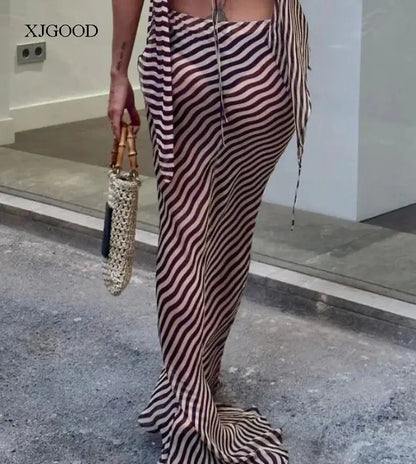 Falda larga holgada a rayas para mujer, elegante y versátil, diseño de cintura media, colección de otoño, falda larga de otro...