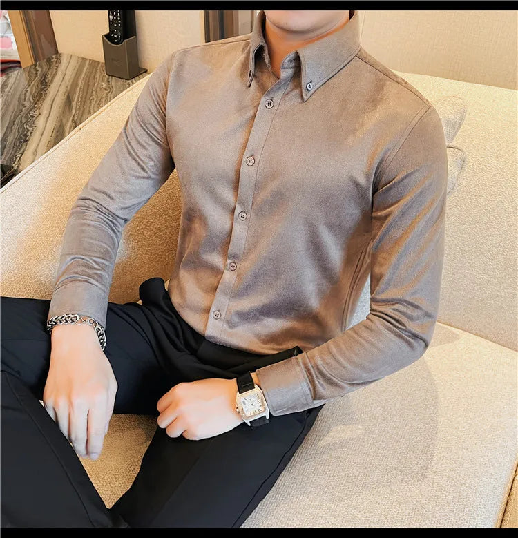 Camisa de ante de alta calidad para hombre, camisas de negocios informales de manga larga para otoño e invierno, blusa de esmoquin para fiesta Social, ropa para hombre 2023