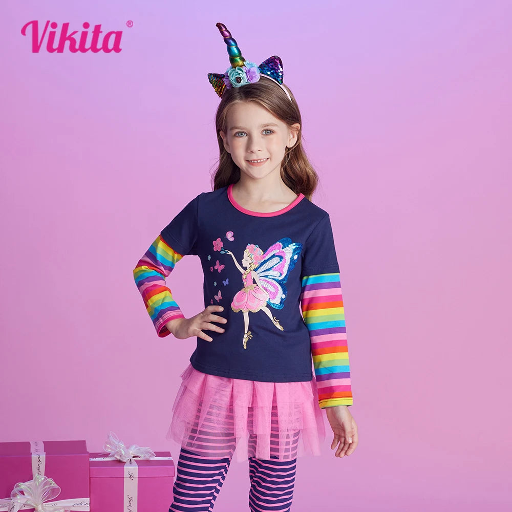 VIKITA, camiseta de manga larga para niñas, camisetas informales de algodón con apliques de lentejuelas y elfo de hadas para niñas, camisetas a rayas con cuello redondo, ropa para niños