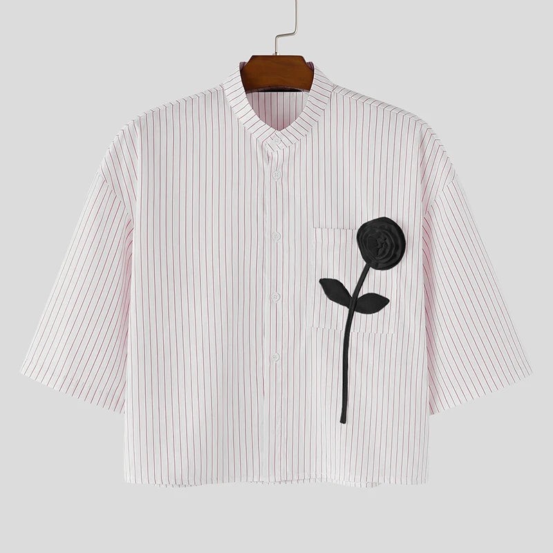 INCERUN-Camiseta para hombre con cuello alto y manga corta, Tops cortos a rayas con diseño de patchwork, ropa informal de verano holgada, ropa de moda para hombre 2026