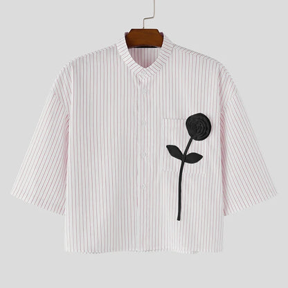 INCERUN-Camiseta para hombre con cuello alto y manga corta, Tops cortos a rayas con diseño de patchwork, ropa informal de verano holgada, ropa de moda para hombre 2026