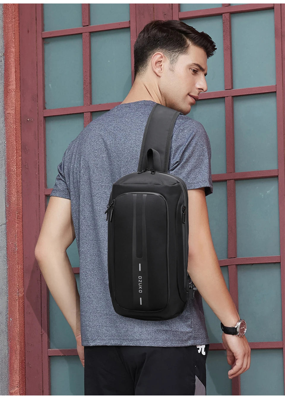 OZUKO-Bolso bandolera informal con carga USB para hombre, bandolera multifunción, bandolera antirrobo, bolso impermeable para hombre