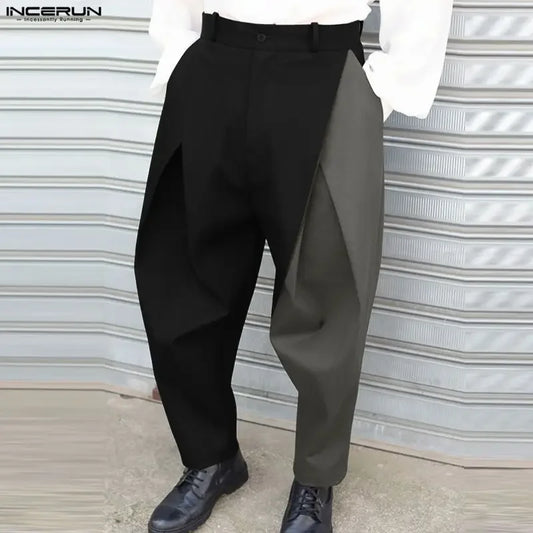 INCERUN Men Pants Color-block Patchwork Button Joggers Pleated Trousers Men Streetwear Loose Fashion Casual Long Pants Male 2026