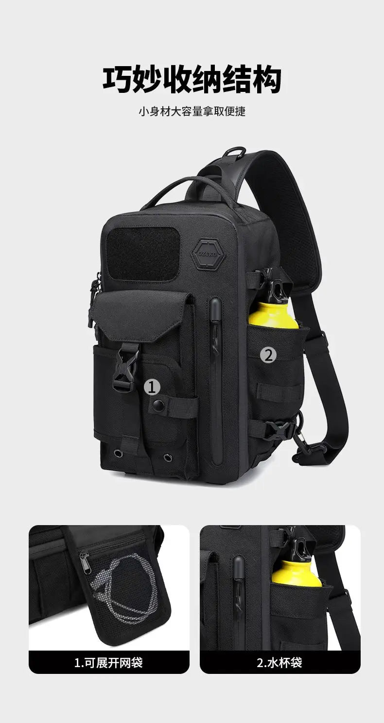 OZUKO-Bolso cruzado de hombro para hombre, bolsa de pecho, impermeable, táctico, cintura, bandolera, cremallera, moda, deportes al aire libre, negro