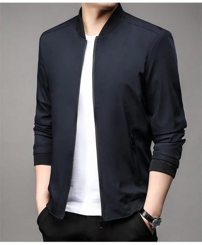 Chaquetas de alta calidad para hombre, chaqueta informal inteligente con cuello de béisbol, abrigo ajustado, prendas de vestir exteriores de Color sólido, primavera y otoño