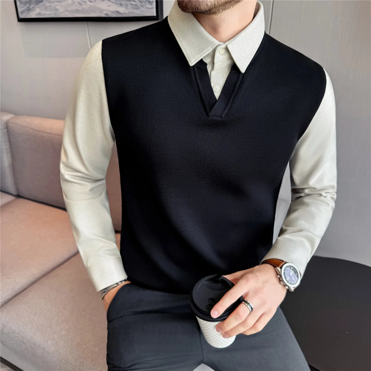 Suéter de punto de alta calidad para hombre, camisa de lana gruesa con cuello empalmado, suéteres con cuello en V, suéter de punto de dos piezas para Otoño e Invierno