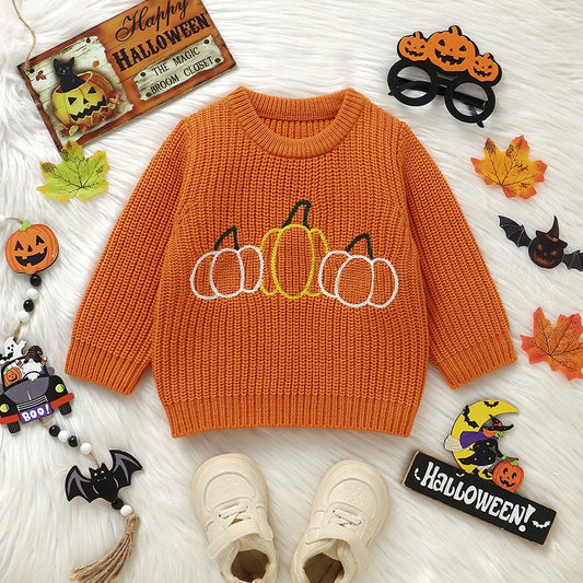 Naranja calabaza de Halloween de punto para bebés, niños y niñas, suéteres, ropa de invierno, prendas de punto para recién nacidos, Jersey, Tops, ropa para niños de 1 a 3 años