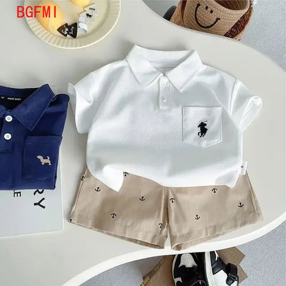 Conjunto de camisa Polo fina de verano para niños pequeños, camisa bordada de dibujos animados de manga corta para bebés + pantalones cortos informales completamente estampados, conjunto de 2 uds.