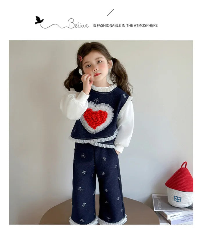 Conjunto de tres piezas con lazo grande de amor para niña, edición coreana de moda de primavera y otoño, ropa para niña
