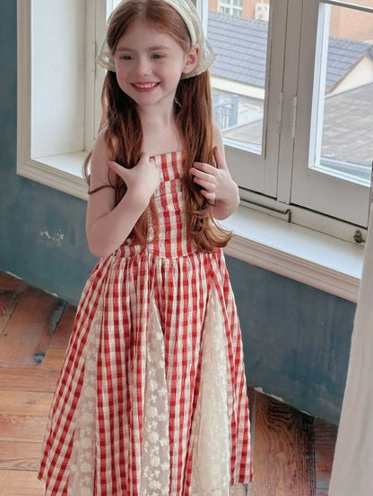 NOVEDAD DE VERANO 2025 vestido largo de hadas para niñas vestido de tirantes de encaje empalmado de encaje a cuadros rojo francés