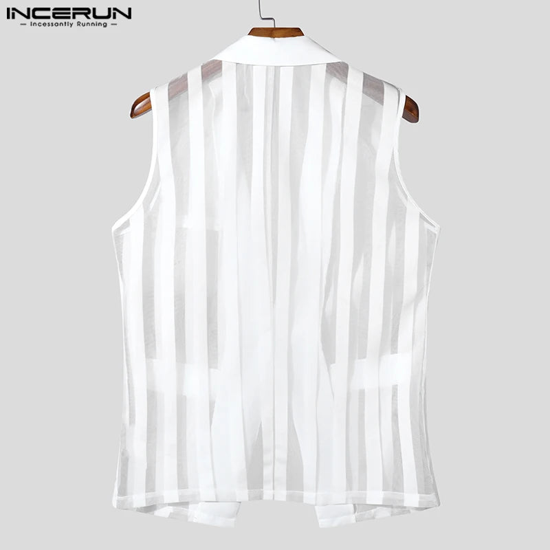 INCERUN Men Vests Mesh Striped Transparent Lapel Sleeveless One Button Casual Male Waistcoats Fashion Streetwear 2025 Vests Sexy