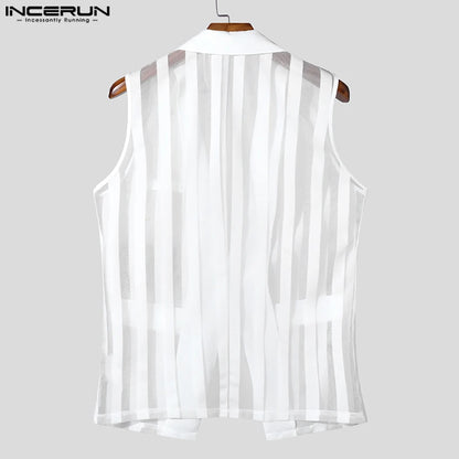 INCERUN Men Vests Mesh Striped Transparent Lapel Sleeveless One Button Casual Male Waistcoats Fashion Streetwear 2025 Vests Sexy