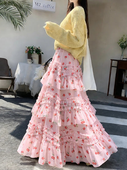 Primavera Verano 2026 Falda Larga de Tul Estampada de Cintura Alta con Empalmes Asimétricos, Falda de Pastel Colorida, Estilo...