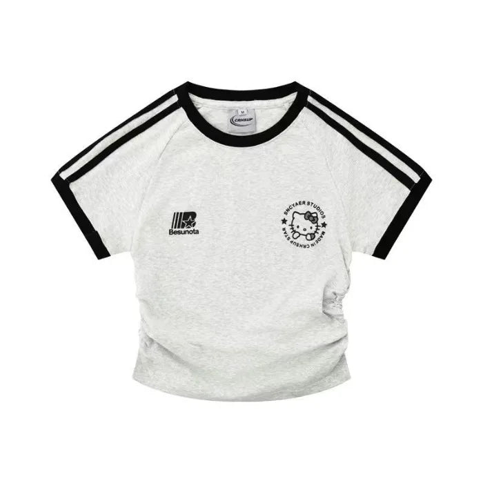 Sanrios HelloKitty, Camiseta de manga corta para niña, Camiseta de algodón puro con dibujos animados de primavera y verano, chaqueta para chicas calientes a rayas Kawaii Y2K para niños