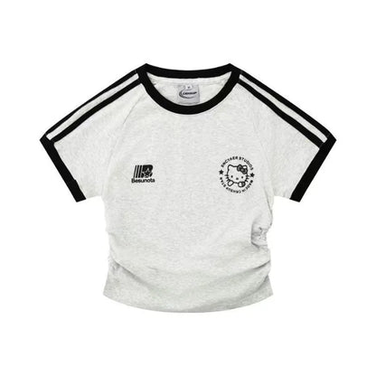 Sanrios HelloKitty, Camiseta de manga corta para niña, Camiseta de algodón puro con dibujos animados de primavera y verano, chaqueta para chicas calientes a rayas Kawaii Y2K para niños
