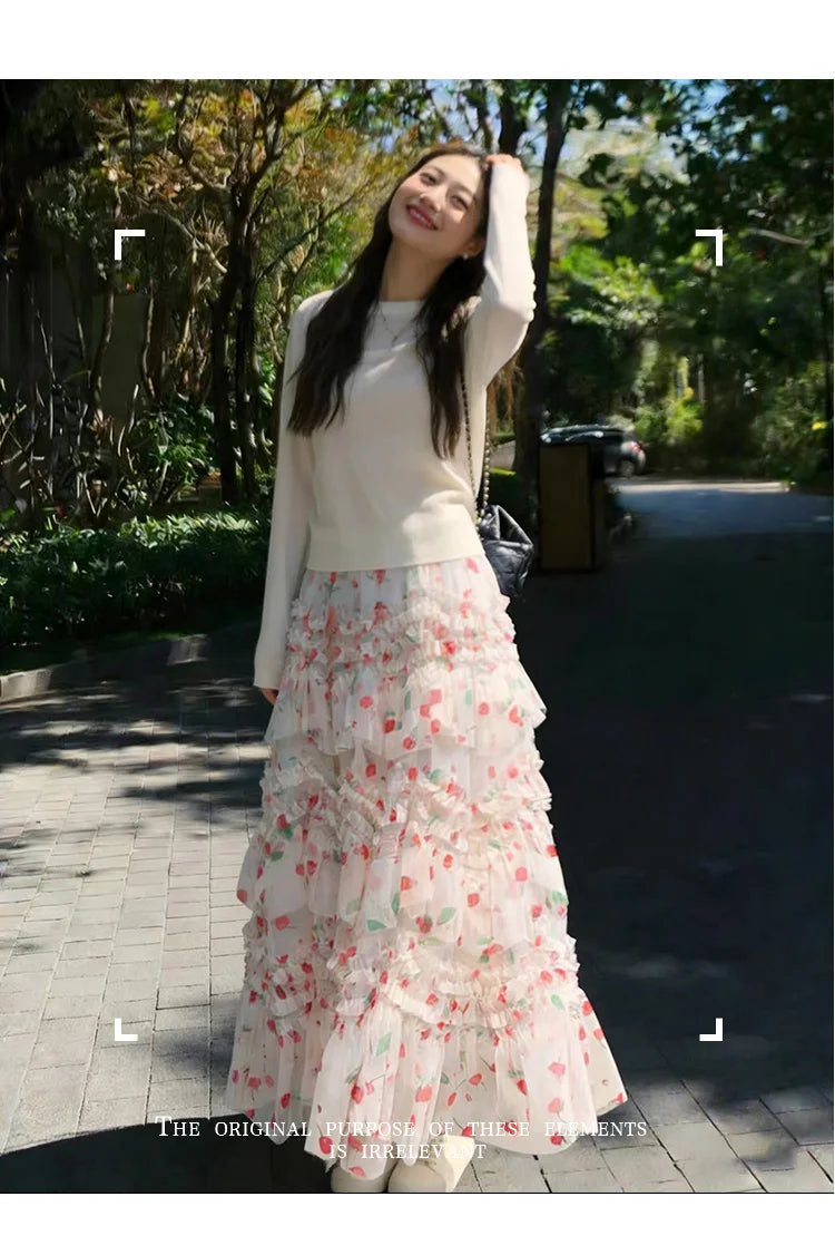 Primavera Verano 2026 Falda Larga de Tul Estampada de Cintura Alta con Empalmes Asimétricos, Falda de Pastel Colorida, Estilo...
