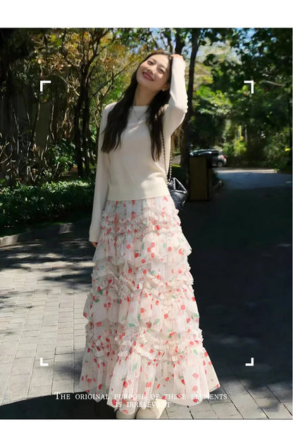 Primavera Verano 2026 Falda Larga de Tul Estampada de Cintura Alta con Empalmes Asimétricos, Falda de Pastel Colorida, Estilo...