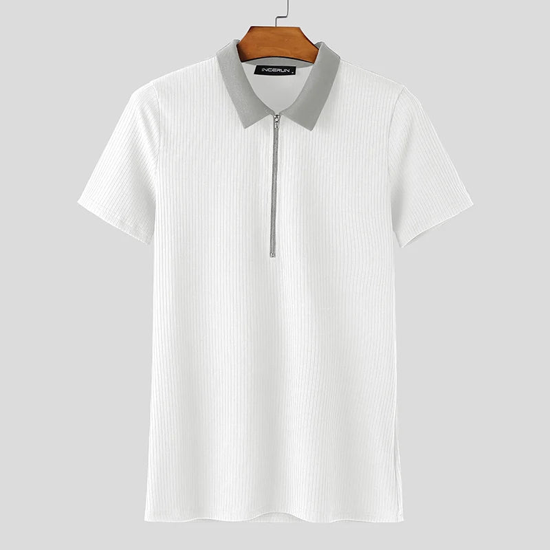 INCERUN-Camisa de punto para hombre, con solapa de retales, manga corta, cremallera, ropa para hombre, Tops, ropa de calle de verano, Camisas de moda con bloques de color
