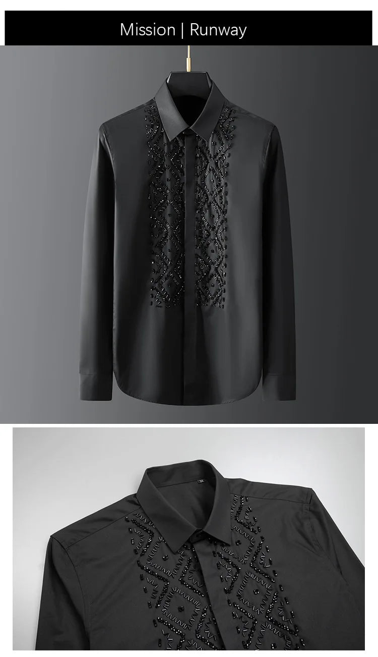 Camisa de lujo hecha a mano con cuentas para hombre, camisas de vestir informales ajustadas de manga larga para negocios, fiesta Social, banquete, escenario, estrella, ropa para hombre