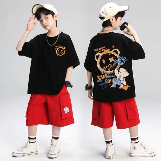 Ropa de calle de verano, estampado de graffiti de osito de peluche, camiseta informal de manga corta de alta calidad para niños