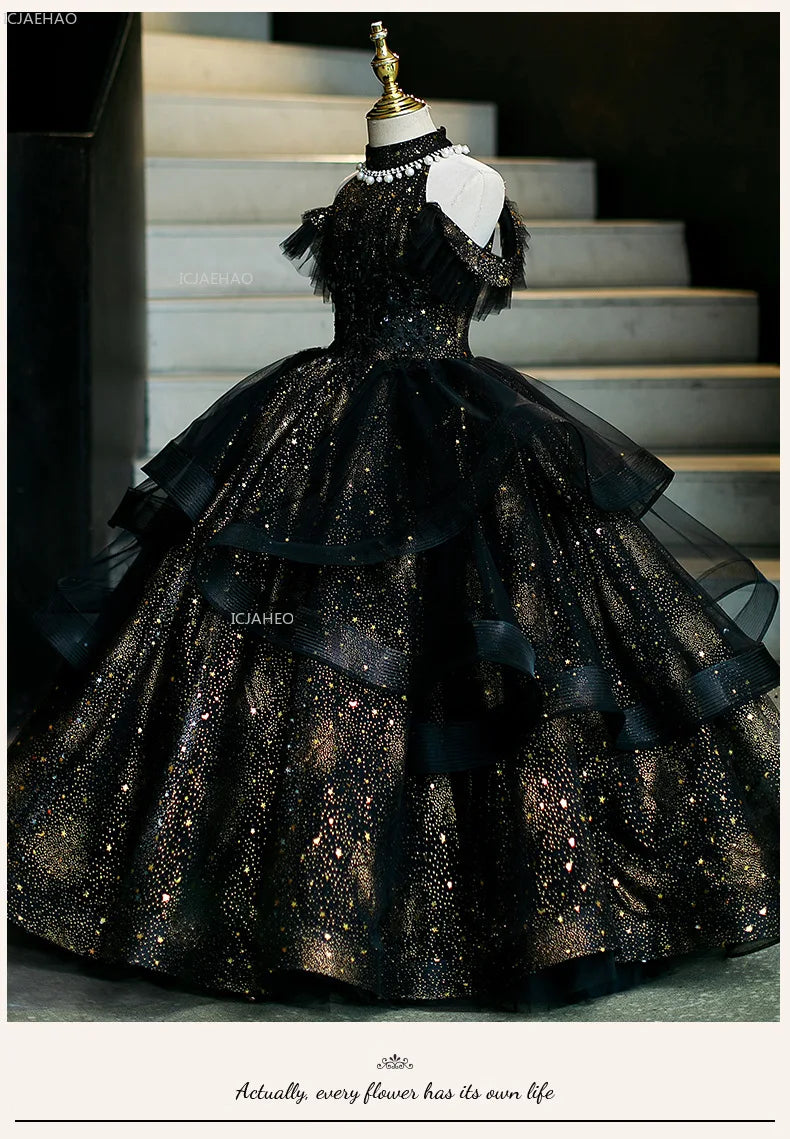 Vestido de fiesta de cumpleaños negro para niñas, vestido de princesa de tul hinchado para actuaciones de Piano, vestidos de desfile de desfile de moda