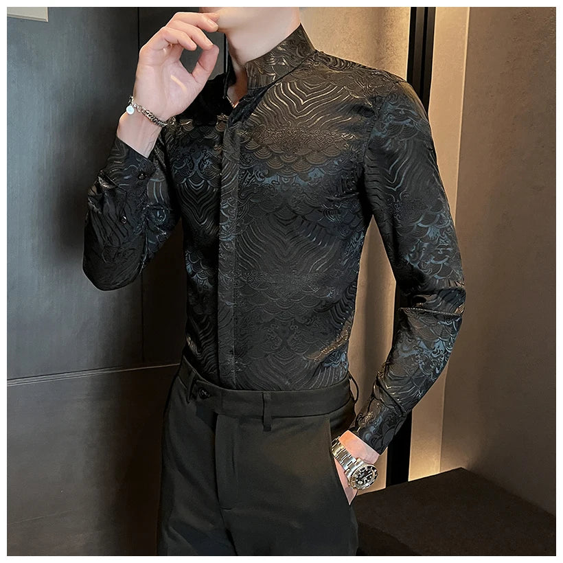 Camisas estampadas de manga larga con cuello levantado para primavera y otoño, camisa informal de moda para hombre de estilo chino Formal Social de negocios