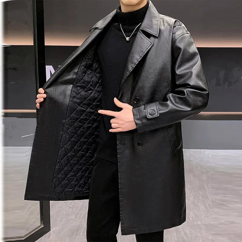 Chaquetas de cuero largas y gruesas para hombre, gabardinas de PU con cuello vuelto sólido, chaqueta de cuero informal de negocios cálida, cortavientos para hombre