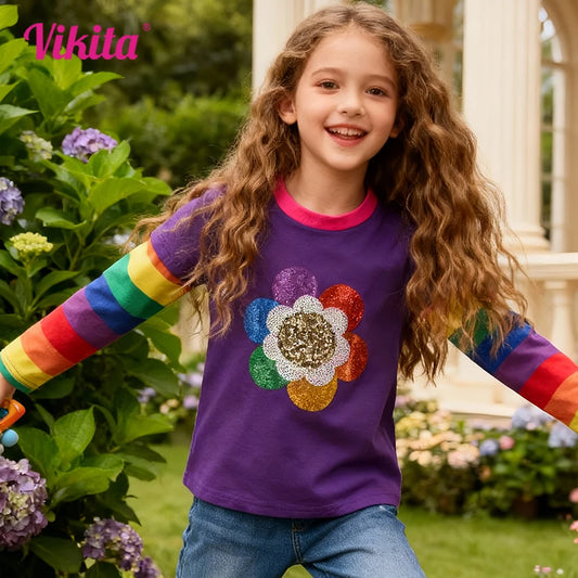 Camisetas moradas de manga larga para niñas, camisetas informales de algodón con mangas a rayas de arcoíris, camisetas coloridas con lentejuelas de flores para niñas