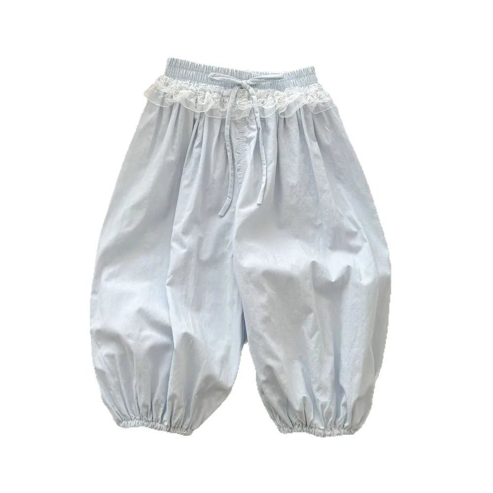 Pantalones informales finos para niñas, novedad de verano, pantalones con cordón de encaje para niños, pantalones de fondo coreanos