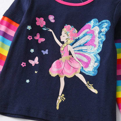 VIKITA, camiseta de manga larga para niñas, camisetas informales de algodón con apliques de lentejuelas y elfo de hadas para niñas, camisetas a rayas con cuello redondo, ropa para niños