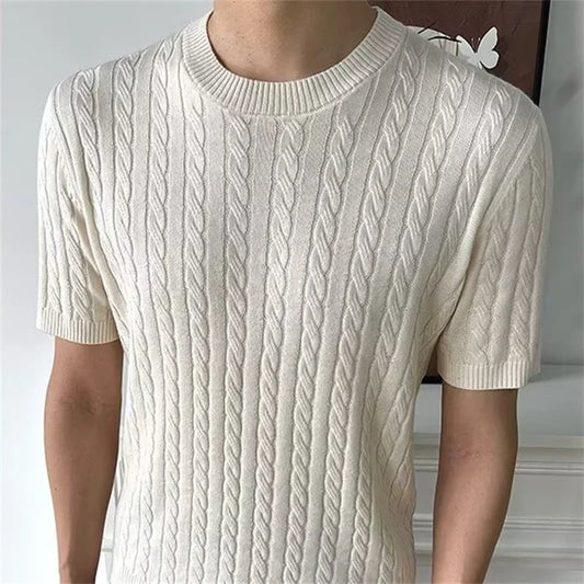 Camiseta de punto trenzado con cuello redondo para hombre, estilo coreano, ajuste slim, manga corta, moda casual de negocios, verano 2026