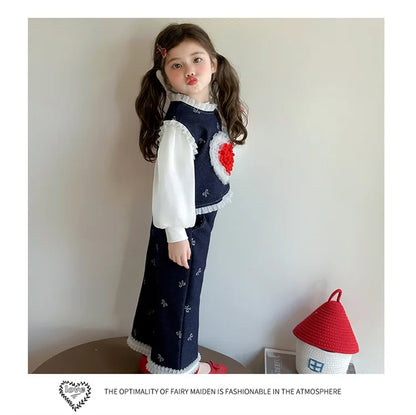 Conjunto de tres piezas con lazo grande de amor para niña, edición coreana de moda de primavera y otoño, ropa para niña