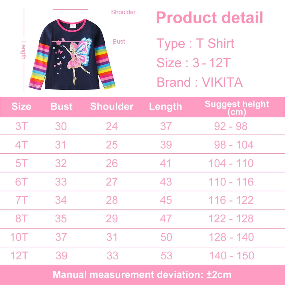 VIKITA, camiseta de manga larga para niñas, camisetas informales de algodón con apliques de lentejuelas y elfo de hadas para niñas, camisetas a rayas con cuello redondo, ropa para niños