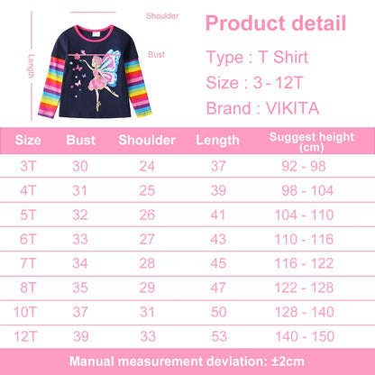 VIKITA, camiseta de manga larga para niñas, camisetas informales de algodón con apliques de lentejuelas y elfo de hadas para niñas, camisetas a rayas con cuello redondo, ropa para niños