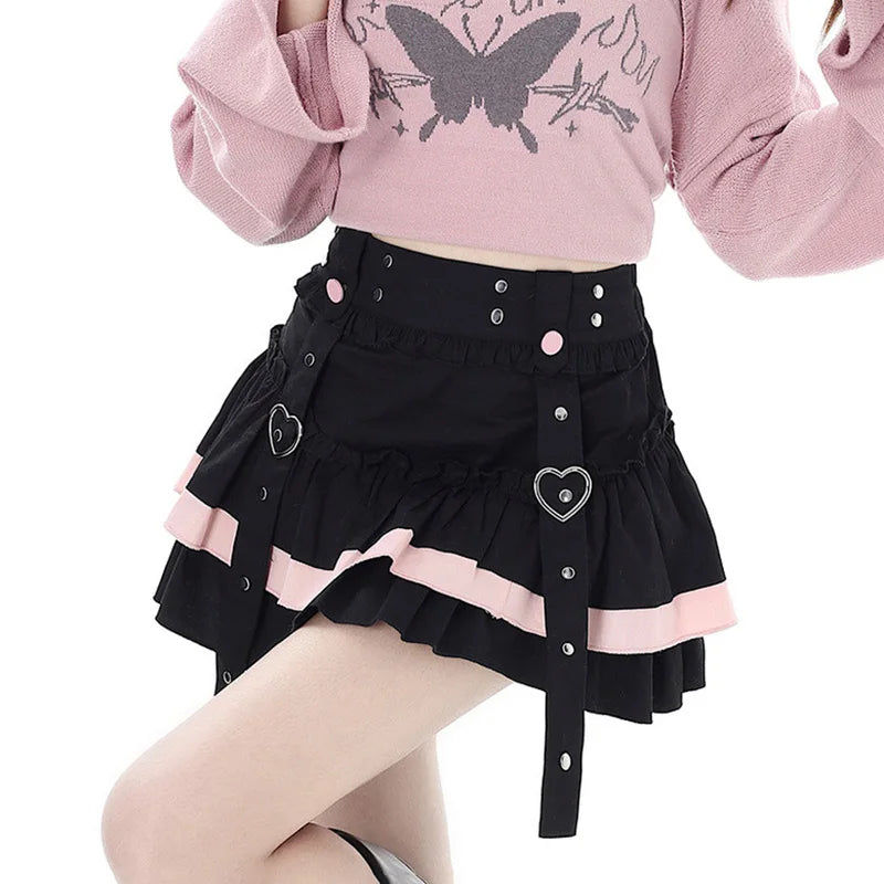 Minifalda japonesa de Lolita, faldas de pastel de retales con vendaje Kawaii, ropa de calle que combina con todo, faldas elegantes y exquisitas de línea A