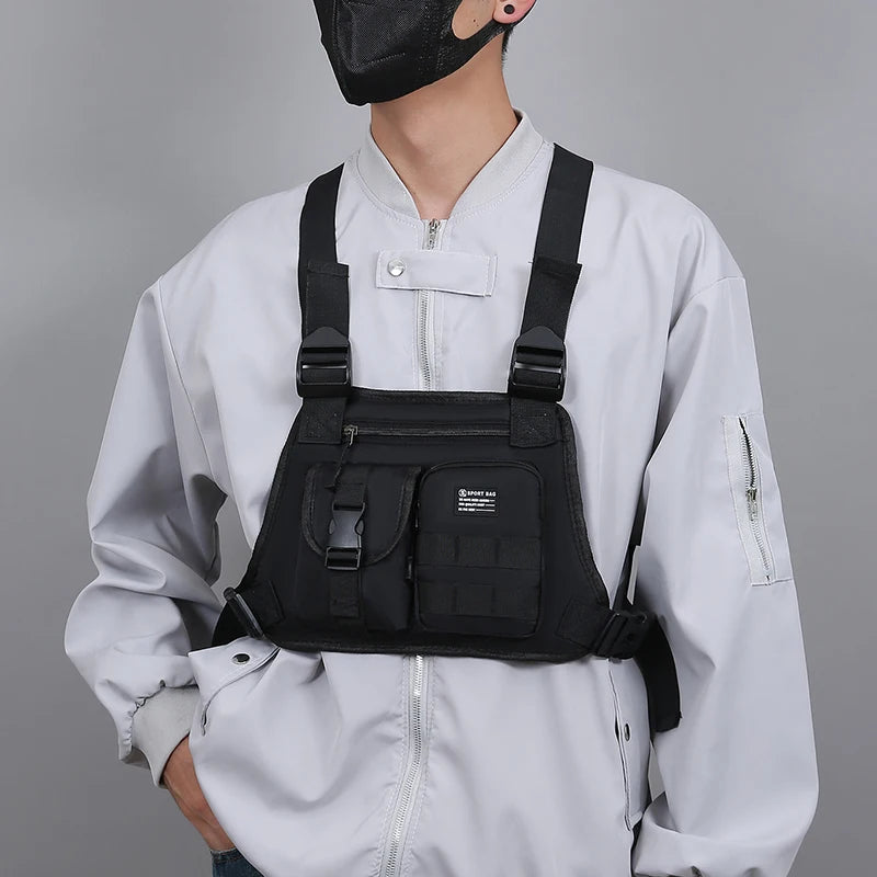 Hip-hop de moda para hombre con múltiples bolsillos bolso de pecho táctico funcional ligero viaje duradero bolso de chaleco deportivo de moda
