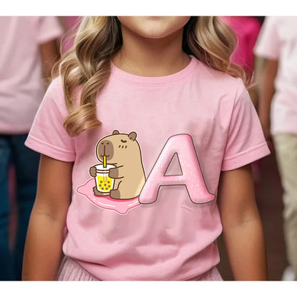 Camiseta de algodón de manga corta con estampado de capibara para niños, diseño de dibujos animados, estilo veraniego y moderno.
