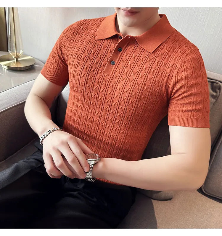 Polo de manga corta de punto Jacquard para hombre, camiseta de Golf con solapa de moda, ajustada, nueva