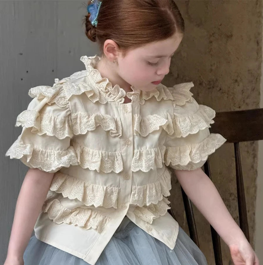 Camisa de Manga Corta con Volantes y Encaje para Niñas, Primavera-Verano 2026, Estilo Retro y Lindo