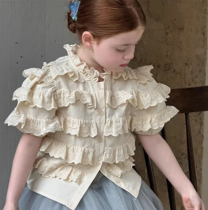 Camisa de Manga Corta con Volantes y Encaje para Niñas, Primavera-Verano 2026, Estilo Retro y Lindo
